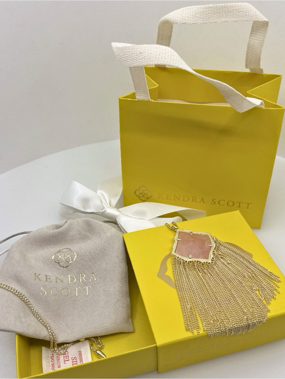 Kendra Scott Kingston Gold Long Pendant Necklace Pink Rose Quartz Gift Set - Picture 7 of 10